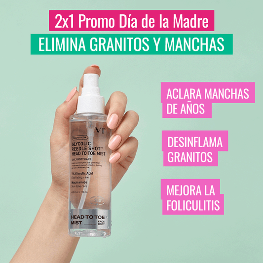 Spray con ácido glicólico y niacinamida para eliminar acné en glúteos y manchas oscuras