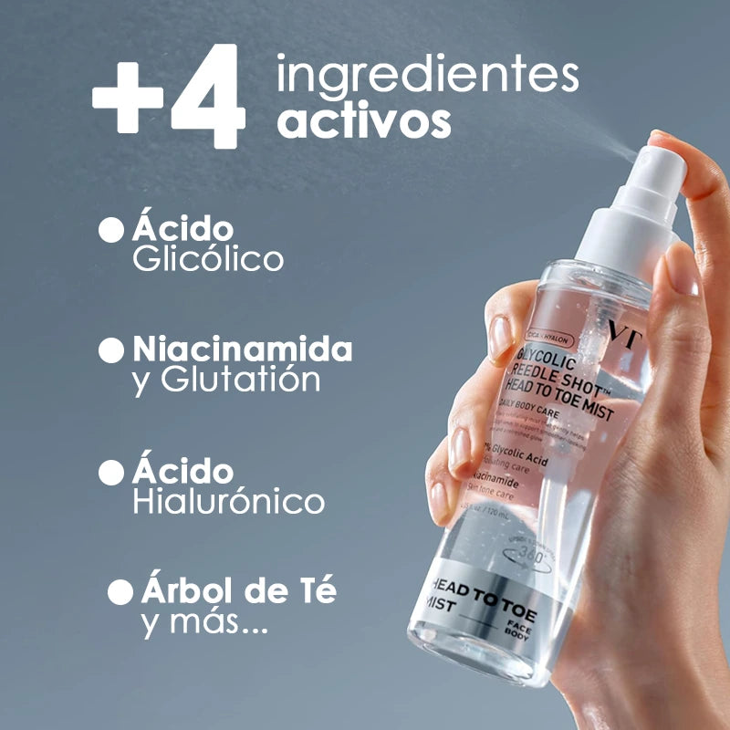 Spray con ácido glicólico y niacinamida para eliminar acné en glúteos y manchas oscuras